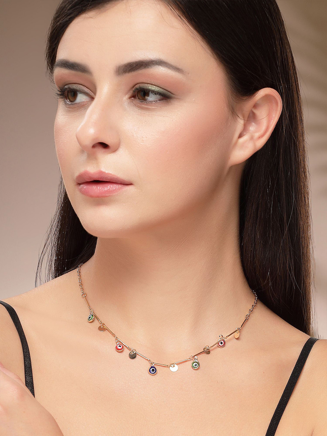 Bohey by KARATCART Gold-Plated Colorful Evil Eye Charms Minimal Necklace And Chain