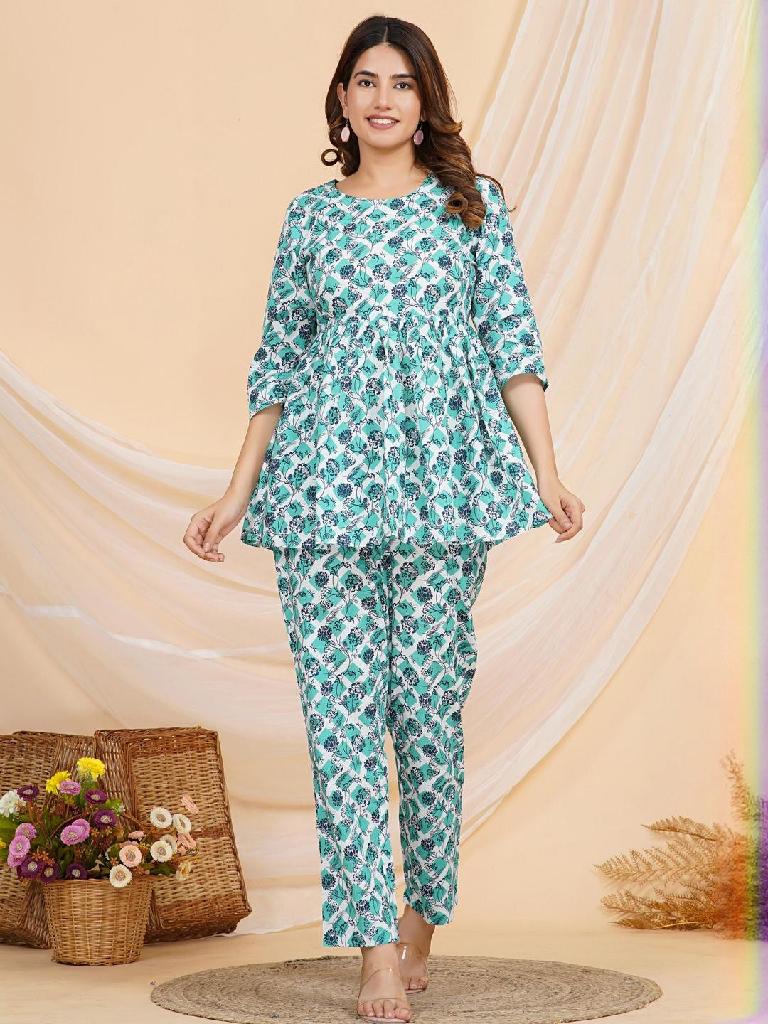 SAME FIT Printed Round Neck Pure Cotton Top With Trousers Co-Ords