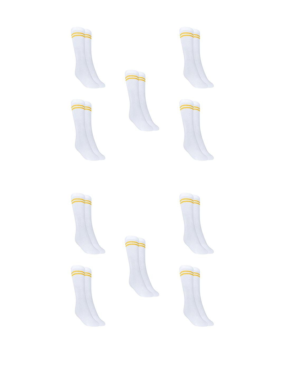 MUKHAKSH Kids Girls 10 Pairs White With Yellow Stripes Calf Length Socks