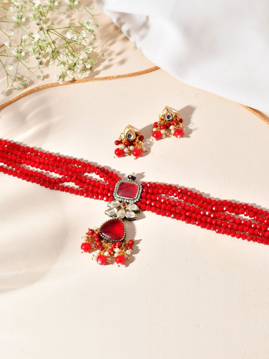 Silvermerc Designs Gold-Plated Quartz Stone Studded & Beaded Jewellery Set