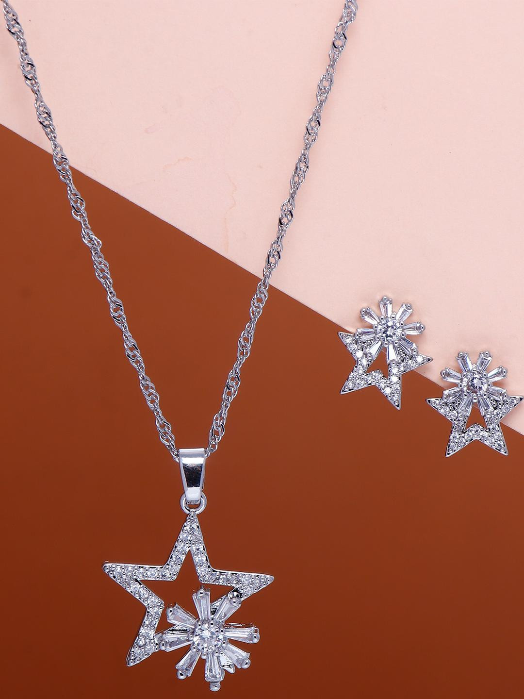 Archies Women Silver Plated Star Shape Pendant with Earring Set