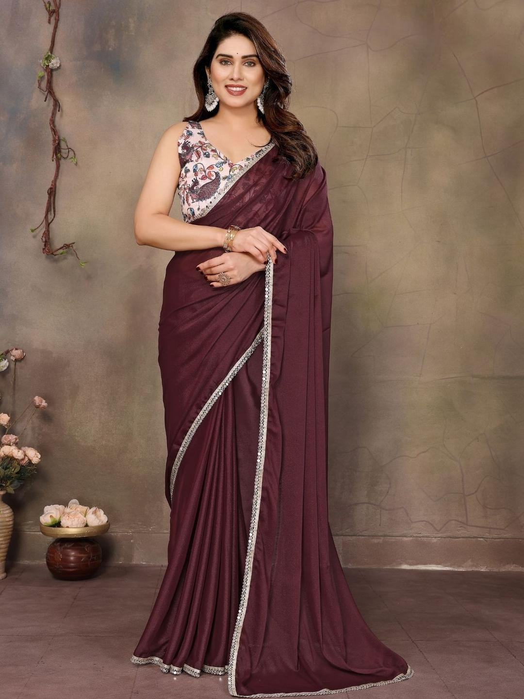 ODETTE Maroon Georgette Plain Saree With Unstitched Blouse For Women