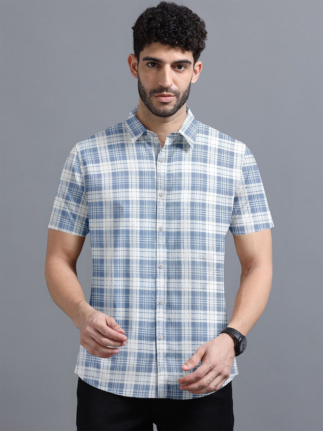 SANBROS Men Classic Fit Tartan Checked Spread Collar Cotton Casual Shirt