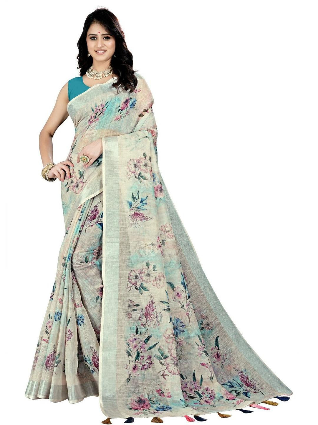 SSHAGUN LIFESTYLE Cream Floral Printed Saree
