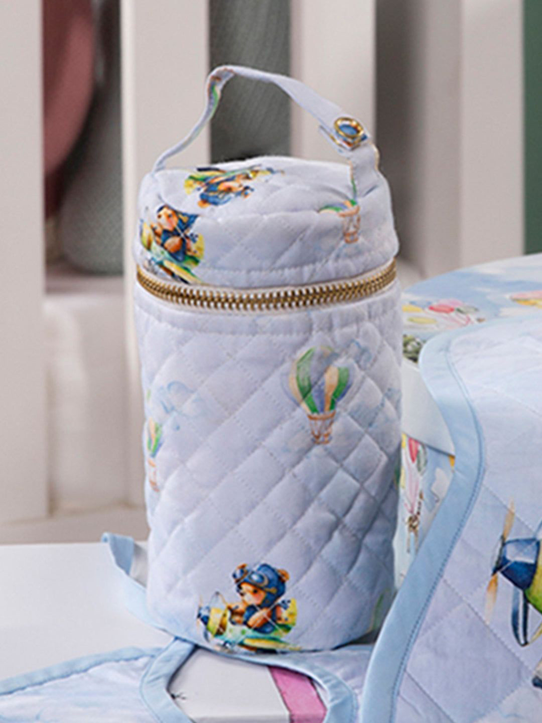 THE BABY TRUNK Blue & Green Teddys Printed Egyptian Cotton Bottle Cover