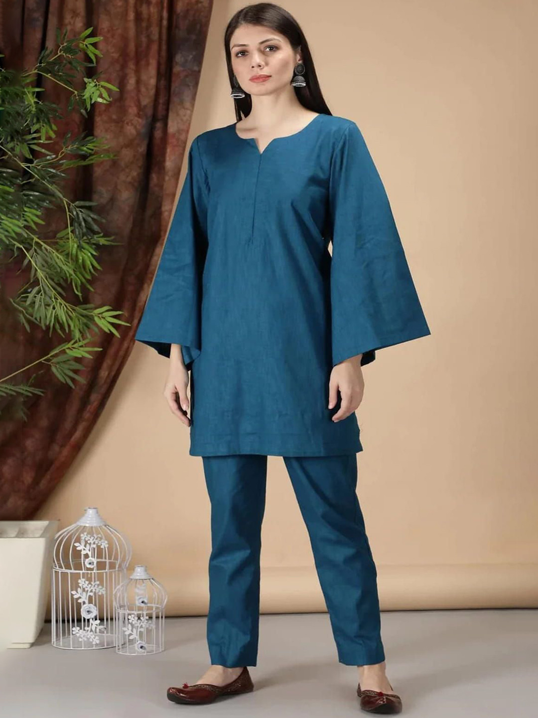 Niyaksha Woman Women Flared Sleeves Pure Cotton Kurti with Harem Pants