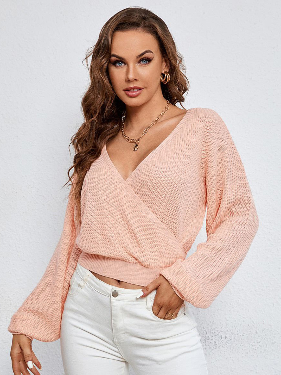 Outzidr Women Nude Wrap Crop Top with V-neck and Long Sleeves