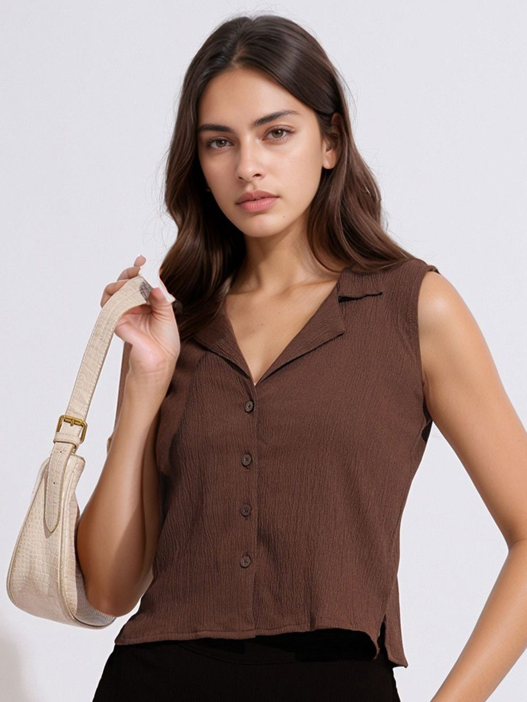 all about you Women Self Design Lapel Collar Shirt Style Crop Top