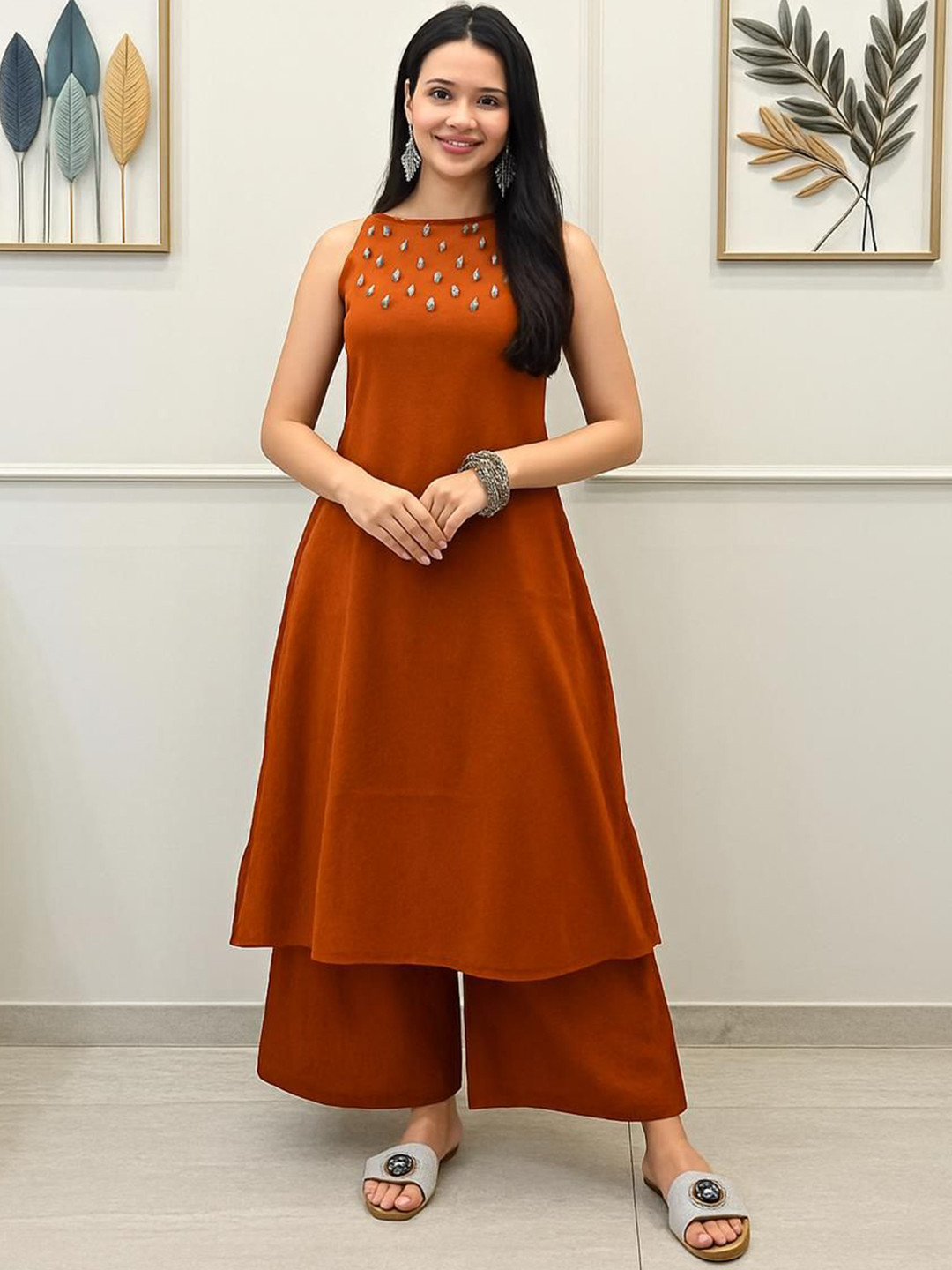 MILAAV Embroidered Mirror Work A-Line Kurta With Palazzos