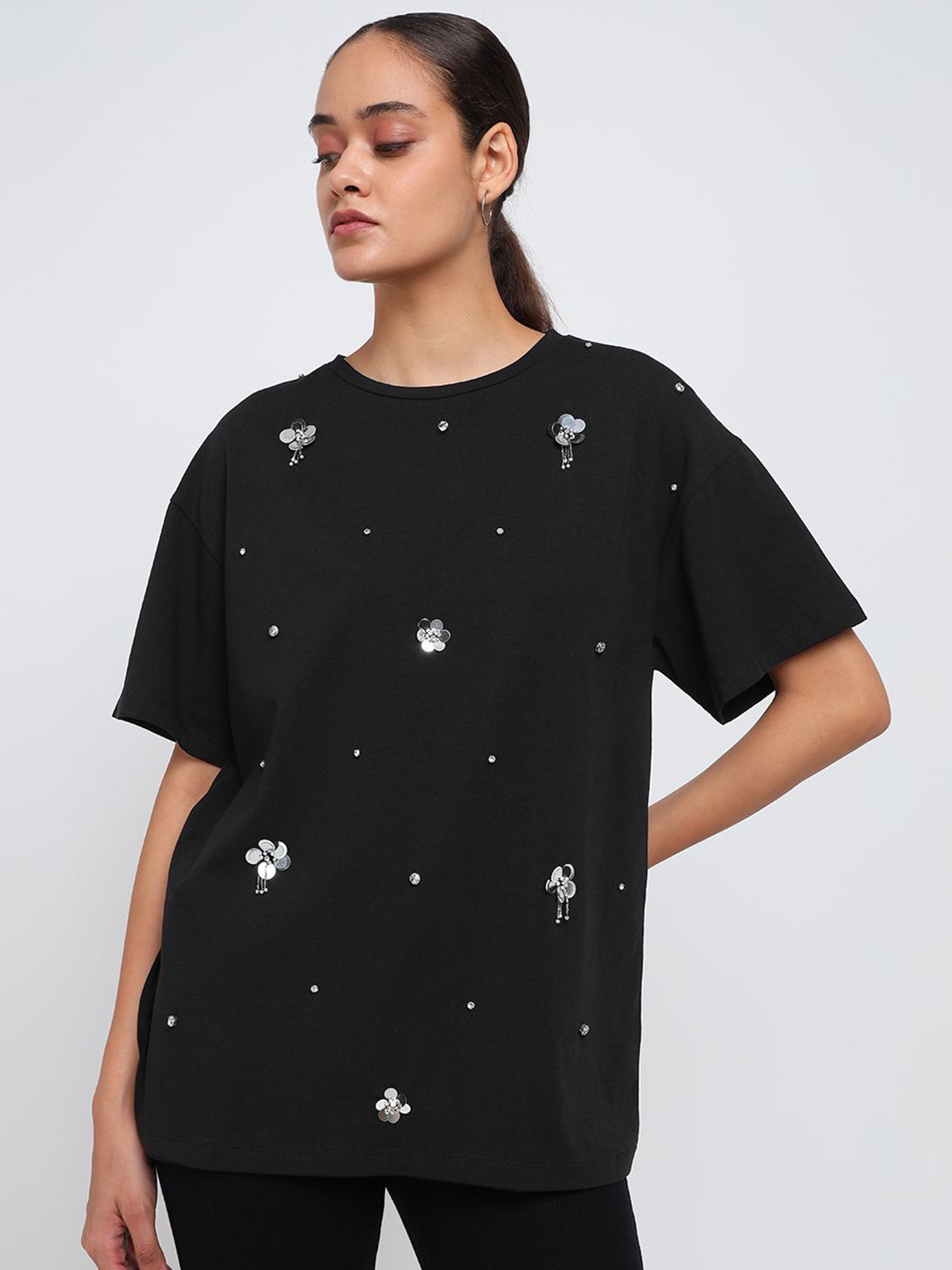 COVER STORY Embellished Self Design Round Neck Cotton T-shirt