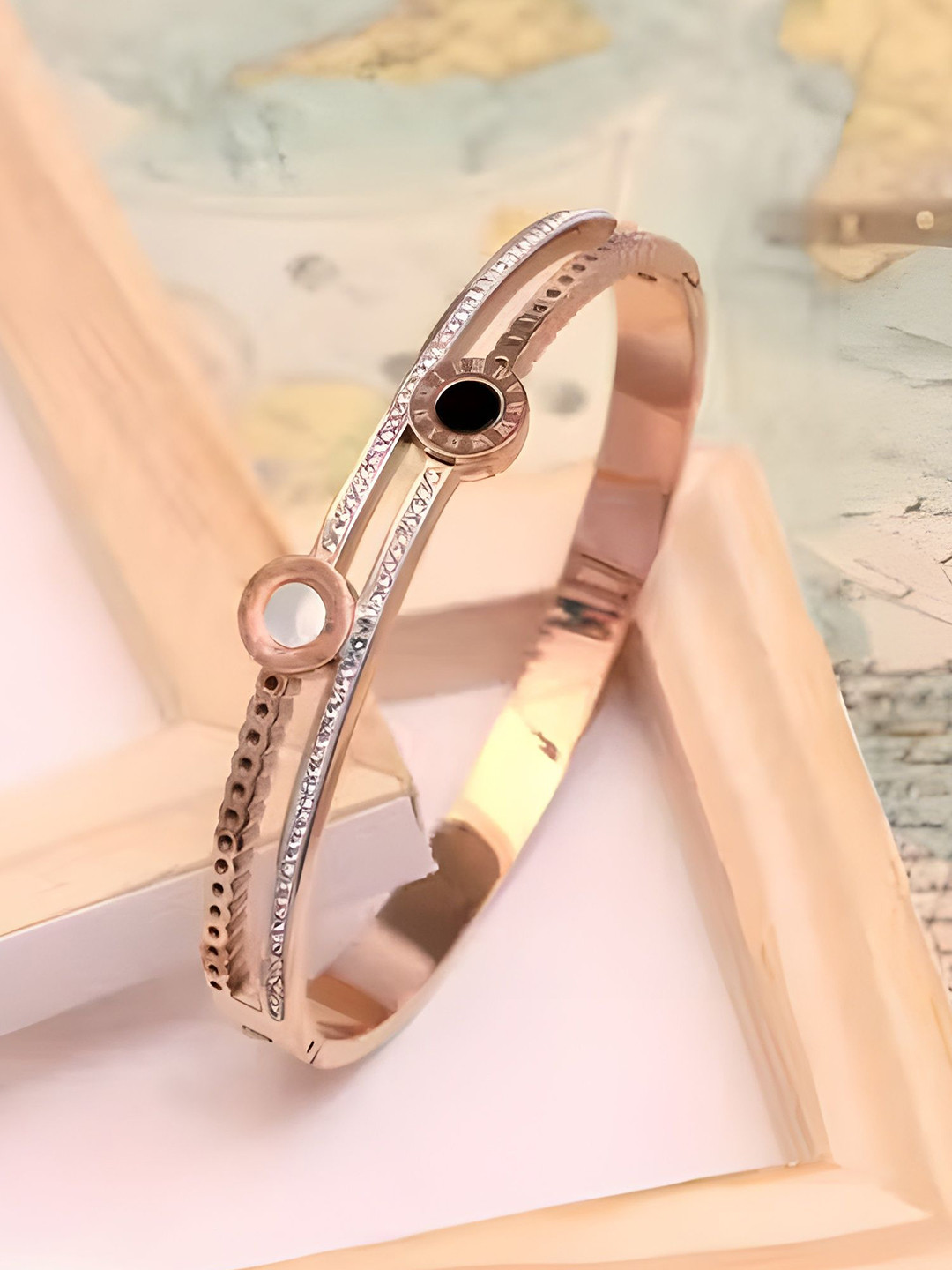 SV FANCY BANGLES Stainless Steel Gold-Plated Crystals Studded Bangle-Style Bracelet