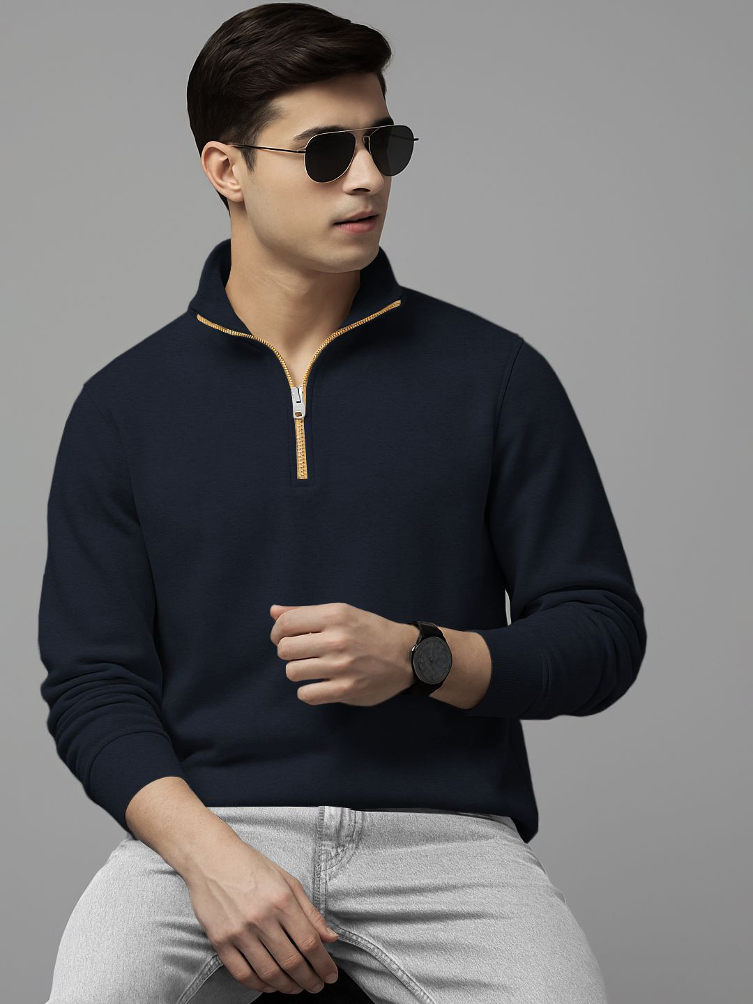 TRIPR Men Solid Full Sleeve Half Zipper Sweatshirt