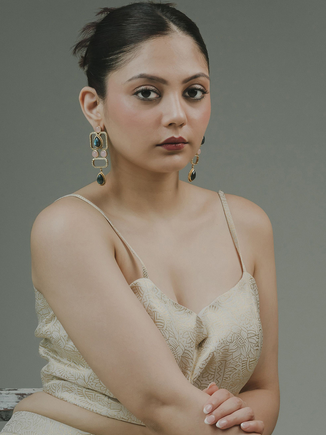 BaalaJewels Gold-Plated Labradorite Studded Teardrop Shaped Drop Earrings