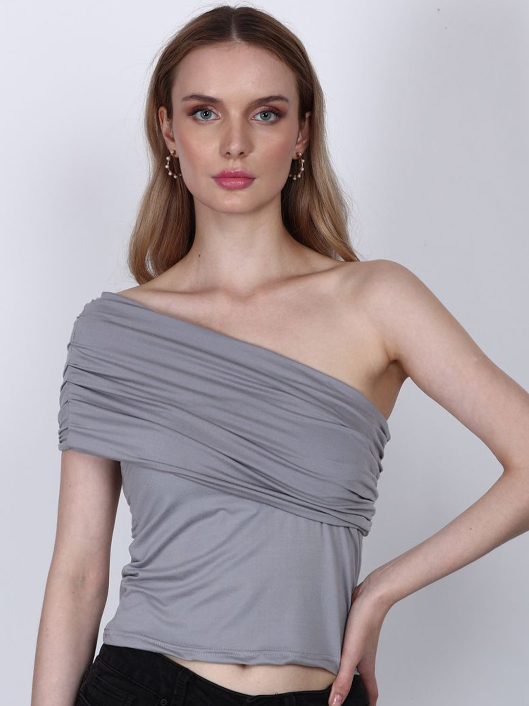 SIGHTBOMB One Shoulder Over Fold Ruched Cotton Fitted Crop Top