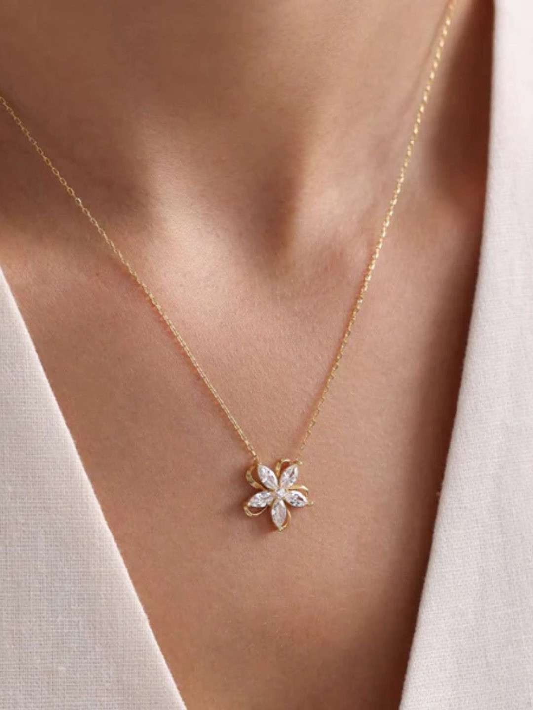 Zarkan 925 Sterling Silver Gold-Plated Cubic Zirconia Studded Floral Pendant with Chain