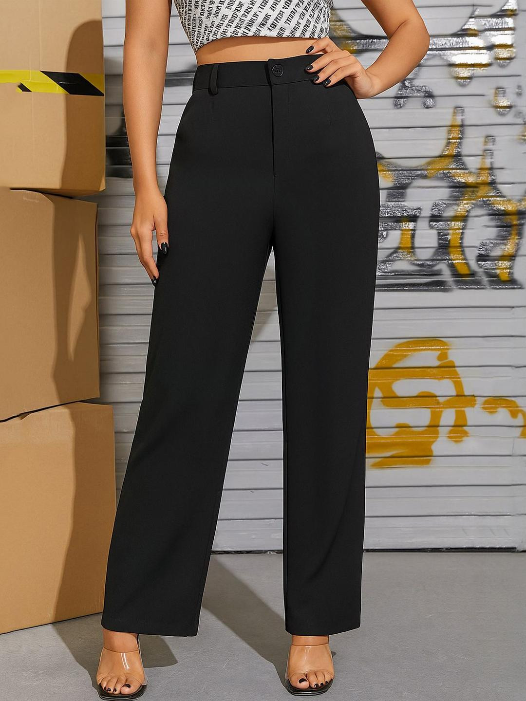 Rensa Women Textured Striped Relaxed Straight Leg High-Rise Trousers