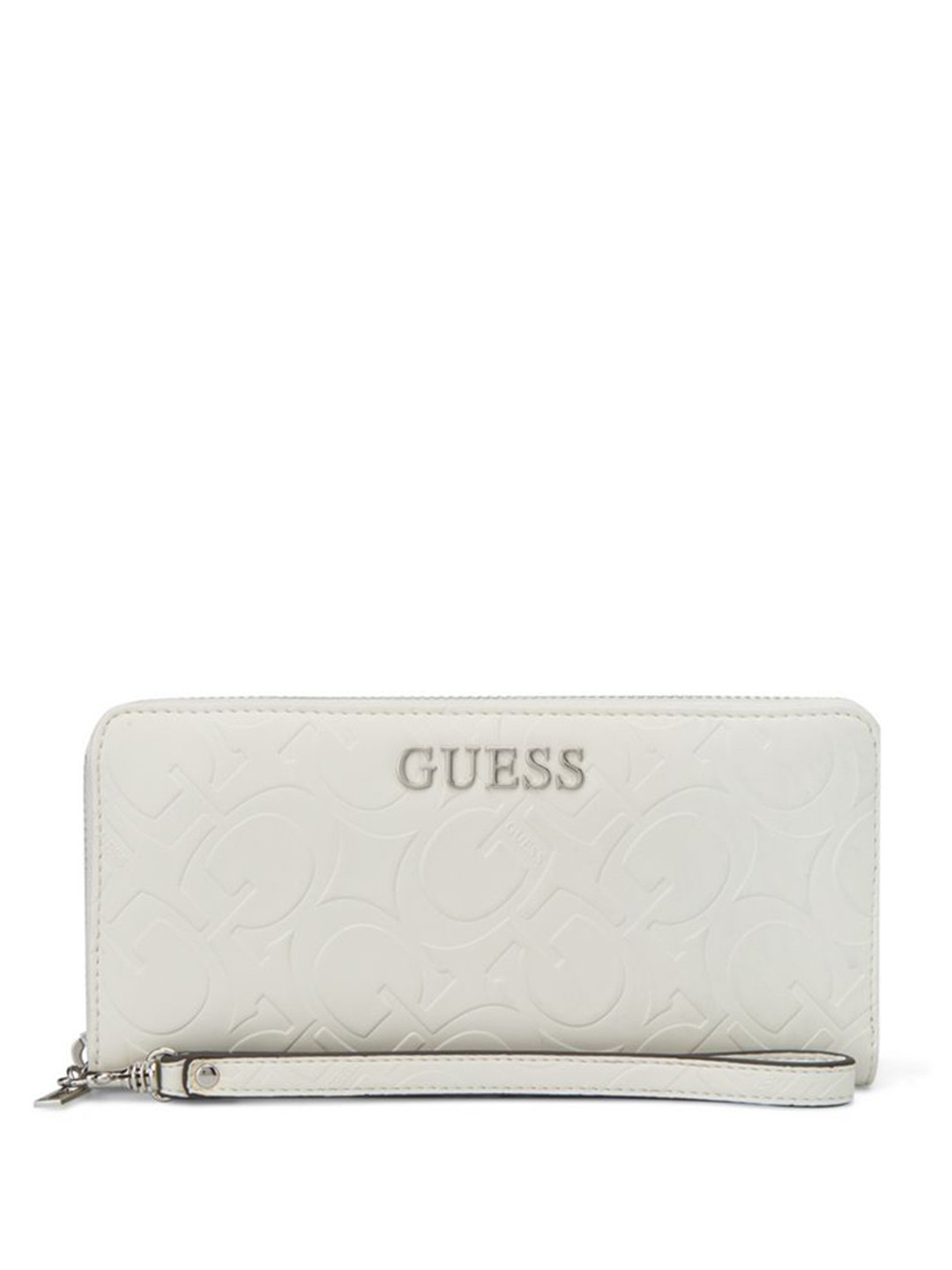 GUESS Women Typography Textured Wrist Strap Zip Around Wallet