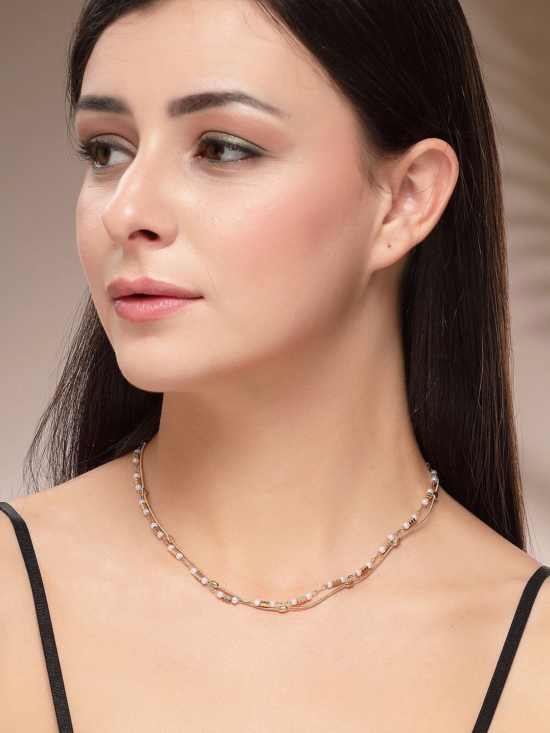 Bohey by KARATCART Gold-Plated Artificial Beaded Dual Layered Minimal Necklace