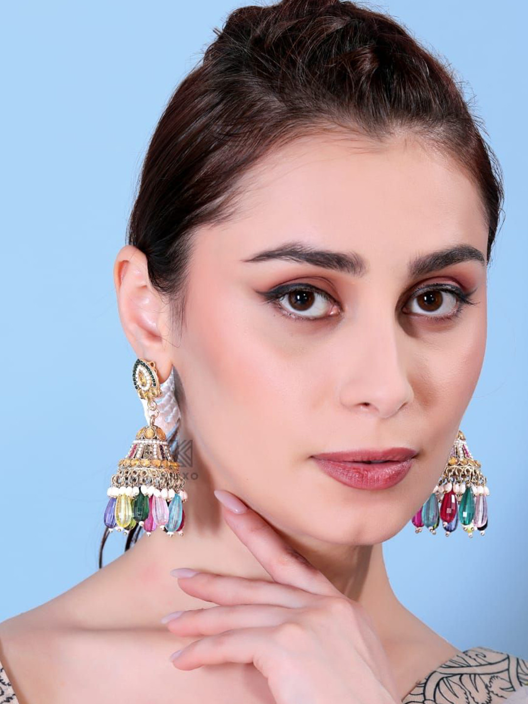 KRIXO Gold Plated Stones Studded And Beaded Teardrop Shaped Jhumkas With Earchain