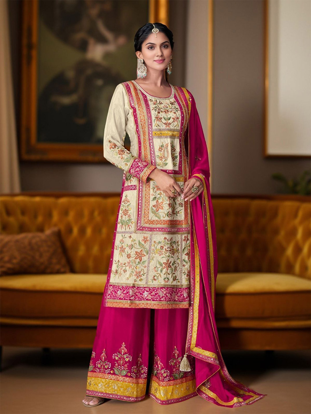 ODETTE Women Odette Pink & Cream Chinon Embroidered Stitched Kurta Set