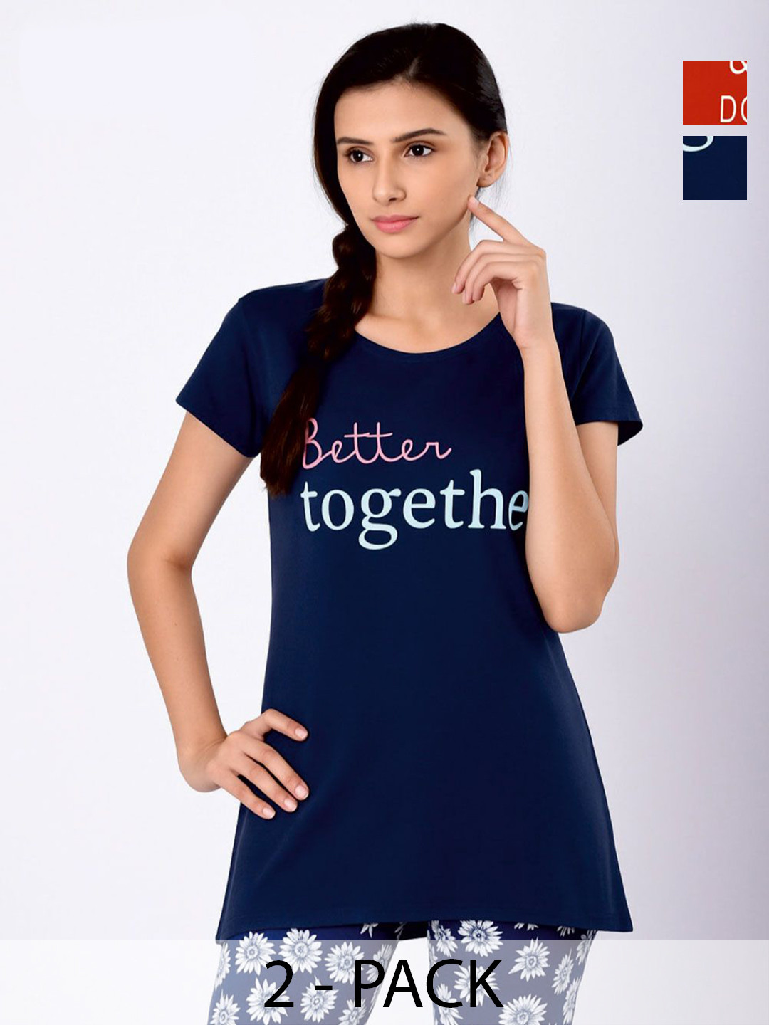 Novio Women Pack of 2 Typography Printed Round Neck Cotton T-shirts