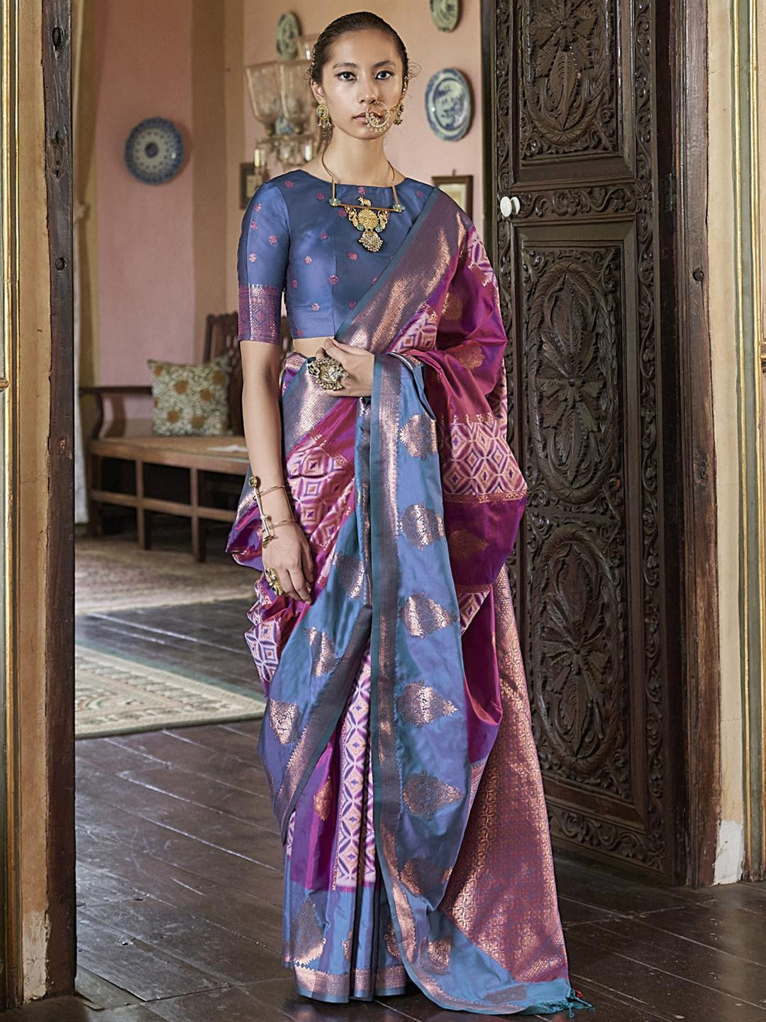 Anouk Women Purple Ethnic Embroidered  Designer Banarasi Saree With Blouse Piece