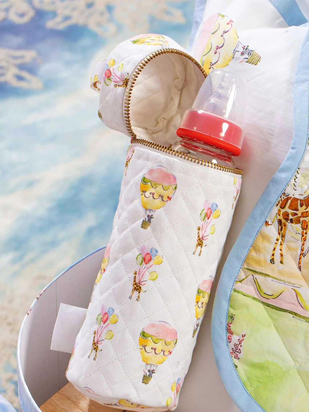 THE BABY TRUNK Infants White & Yellow Printed Cotton Feeding Bottle Cover