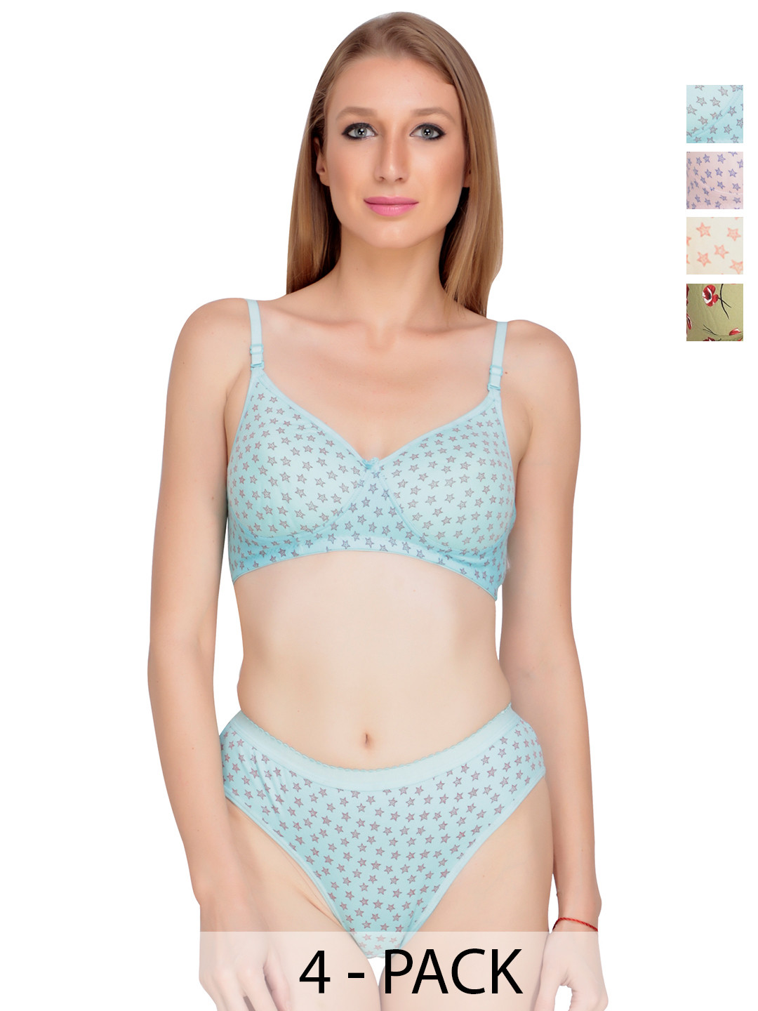 Liigne Pack Of 4 Star Printed Everyday Padded Bra Pure Cotton Lingerie Sets