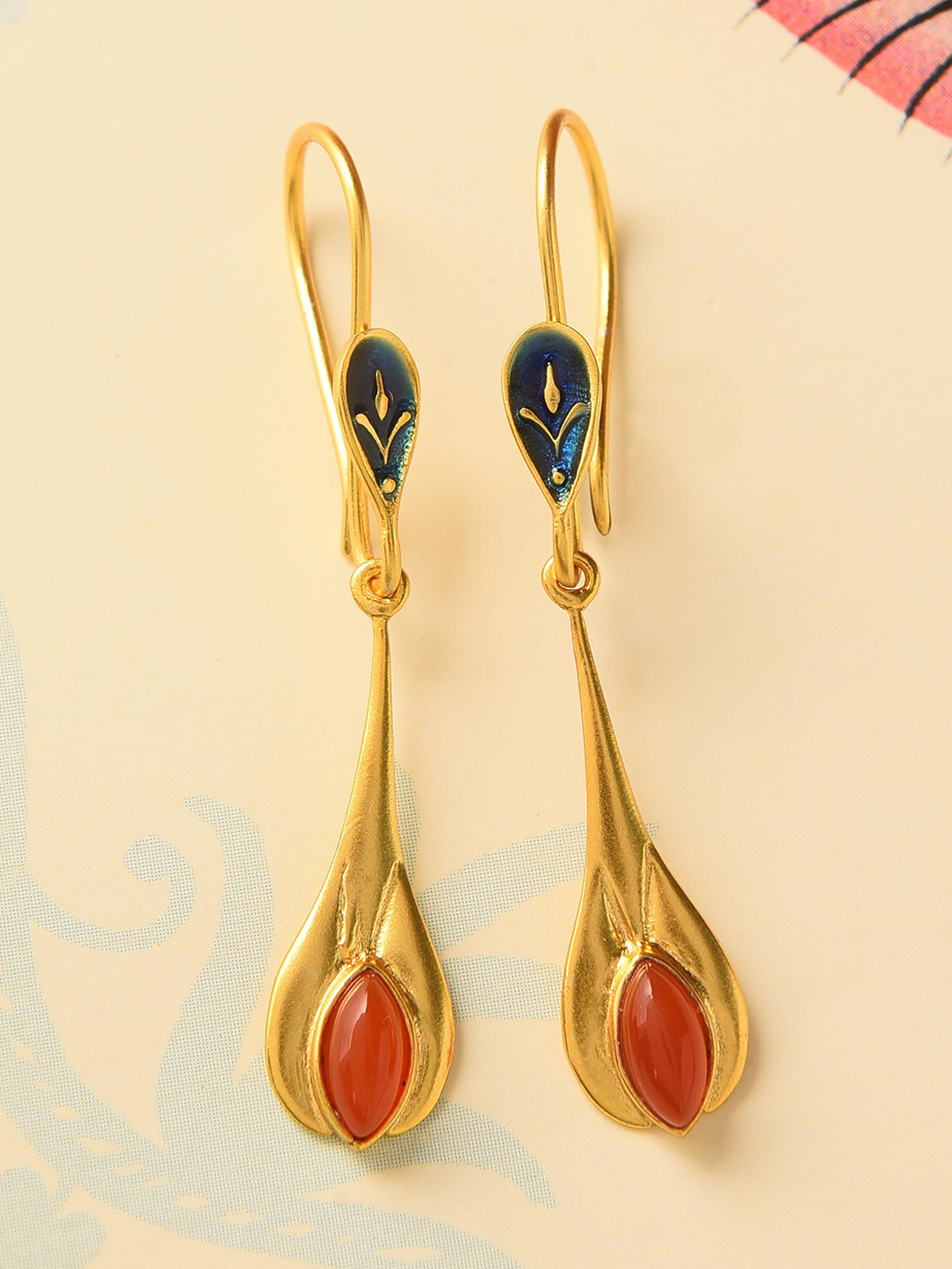 JAYPORE Silver Gold-Plated Onyx Studded Teardrop Shaped Drop Earrings