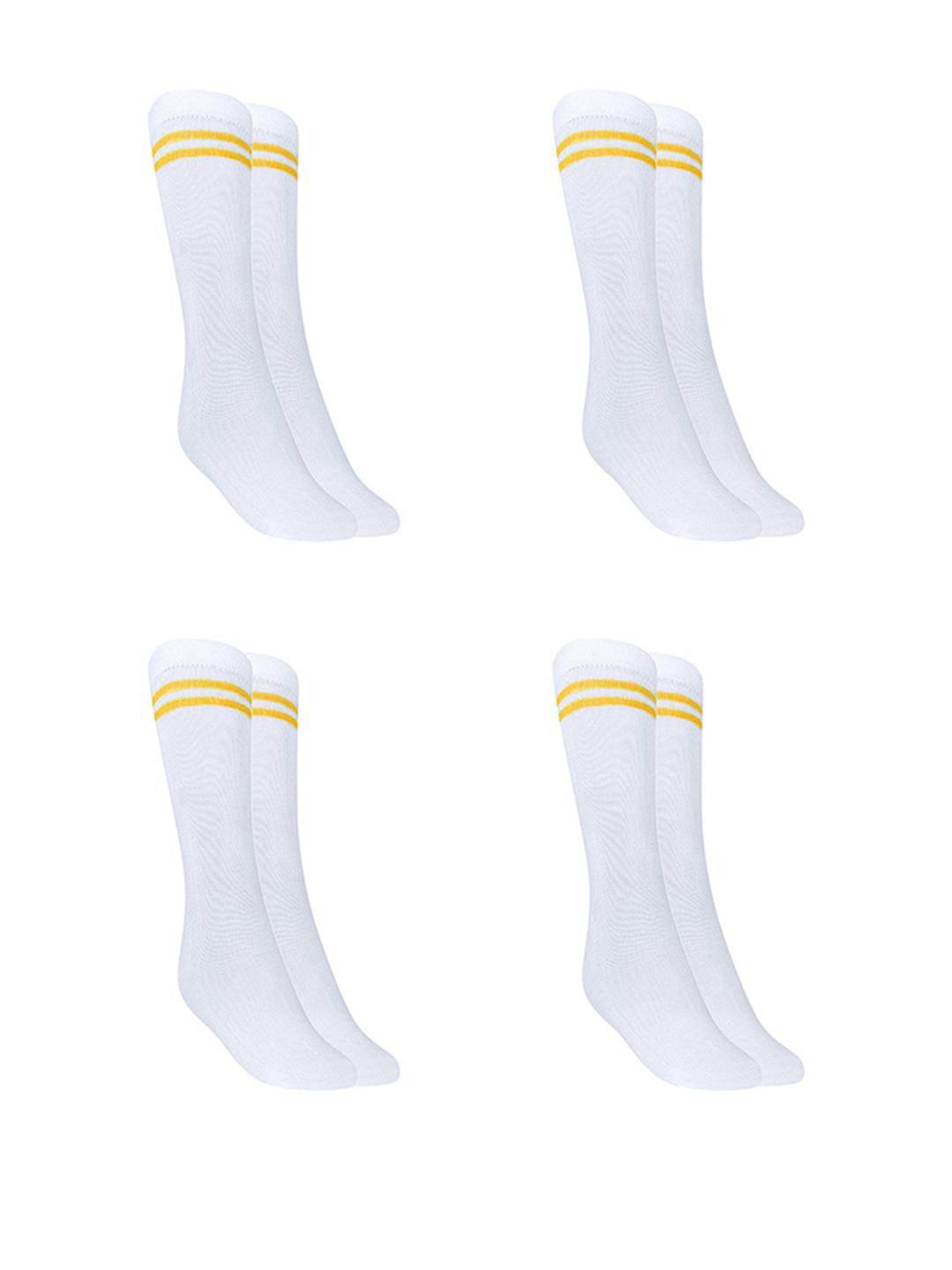 MUKHAKSH Girls Pack of 4 White Socks with Yellow Stripes Calf Length Cotton Socks