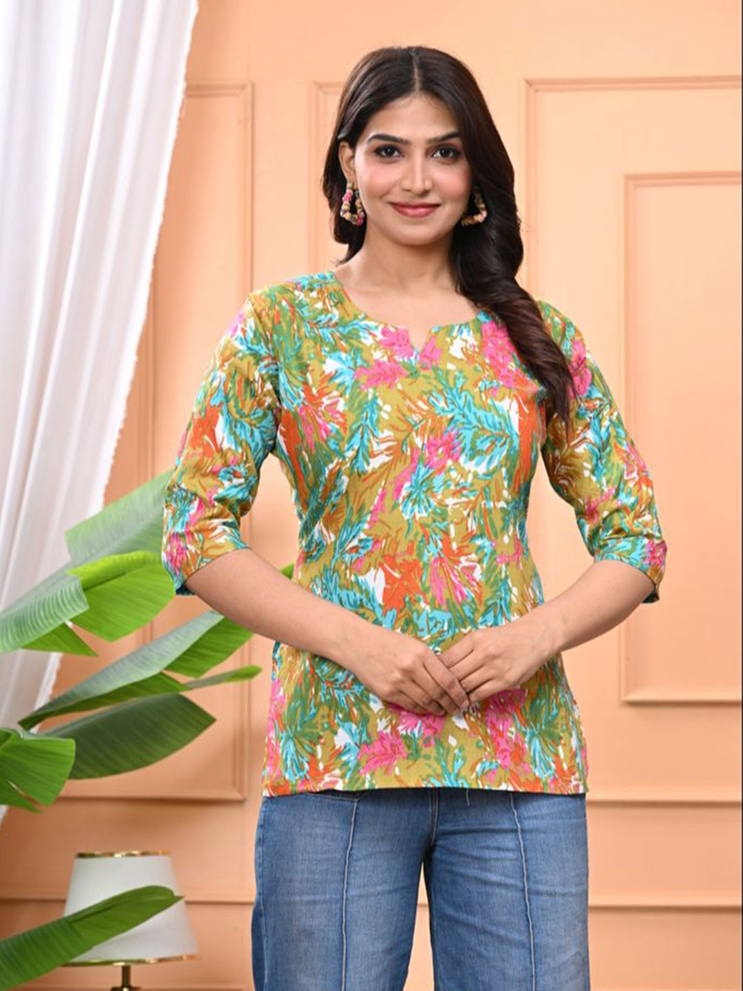 WE PERFECT Women Floral Printed A-Line Cotton Regular Top