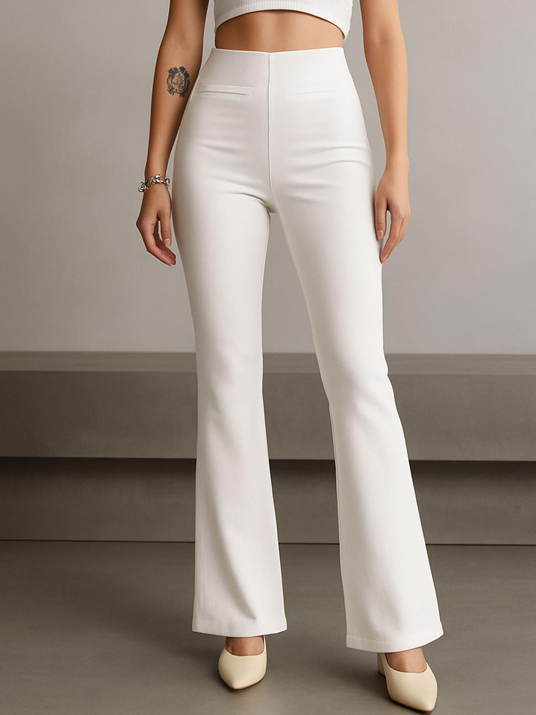 SASSAFRAS Women Bootcut Fit High-Rise 4-Way Stretch Bone Pocket Bell Bottom Trouser