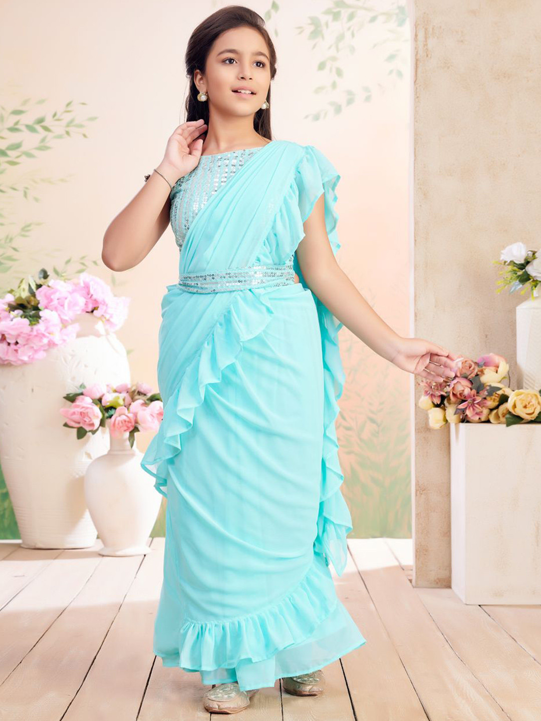 Sangria Girls Sea Green Embellished Blouse Silk Georgette Lehenga Choli