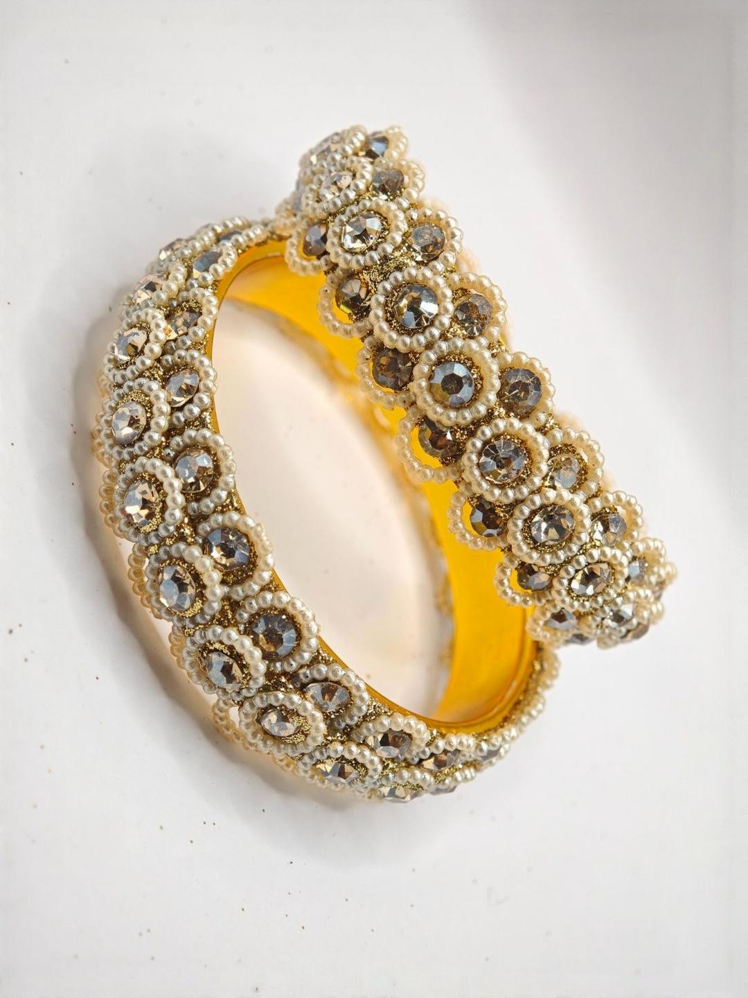 SAPRAA TRENDS Set Of 2 Women Gold-Plated Stone-Studded Beaded Rajasthani Jaipuri Kada