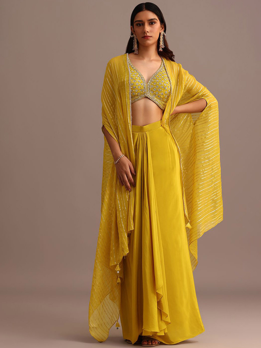 KALKI Fashion Women Embroidered V-Neck Sleeveless Crop Top Skirt Set With Chanderi Jacket
