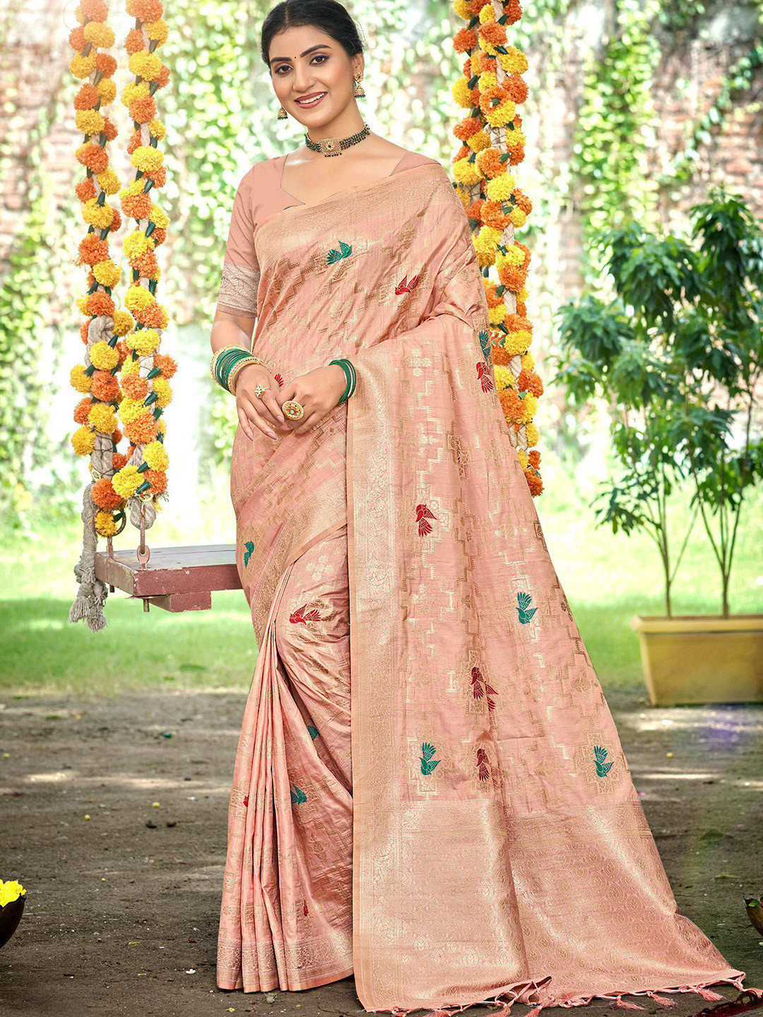 DEVATITHI Women Woven Design Peach Heavy Assam Silk Saree