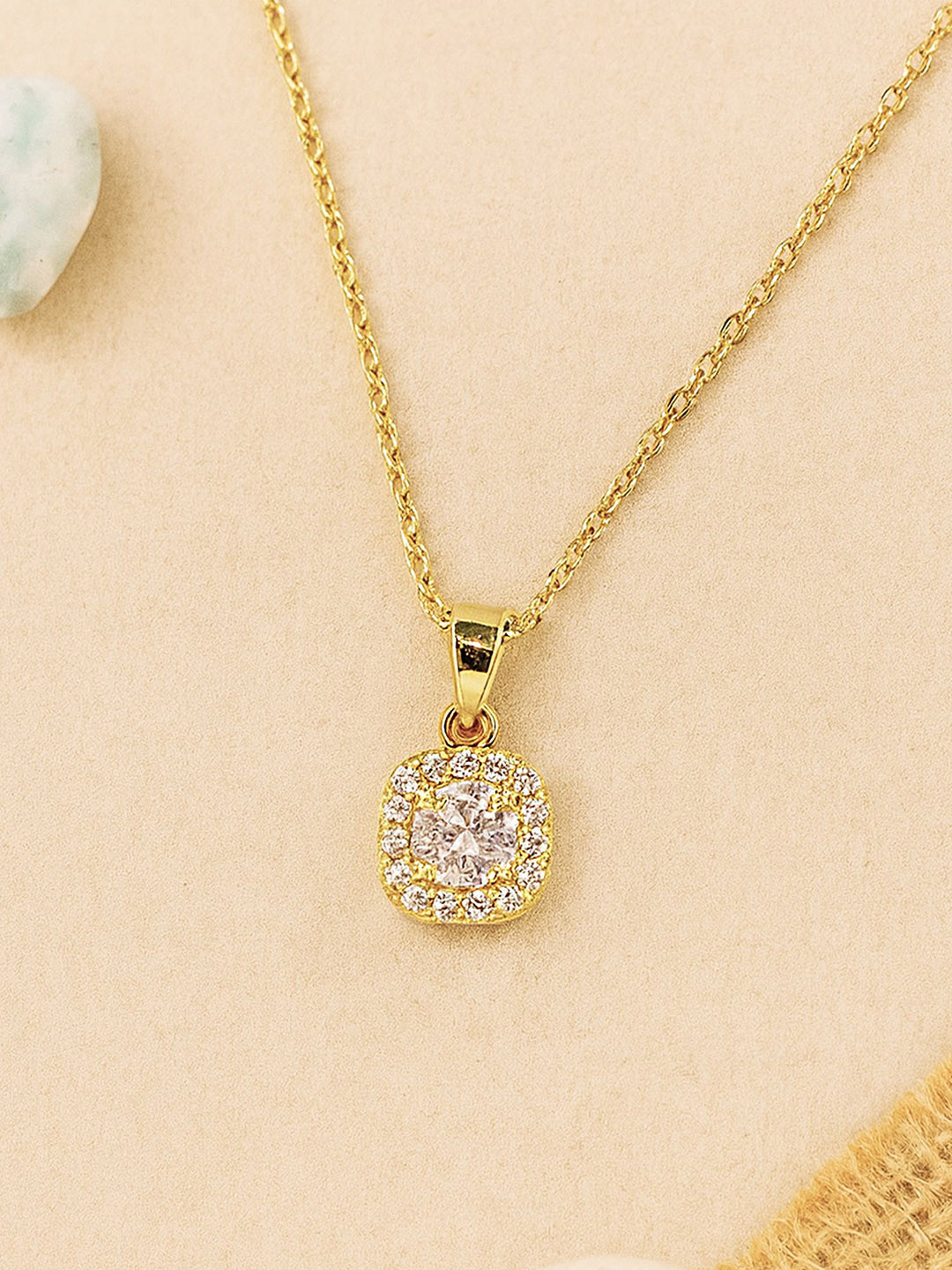 Bohey by KARATCART Gold-Plated American Diamond Studded Square Shaped Pendant With Chain
