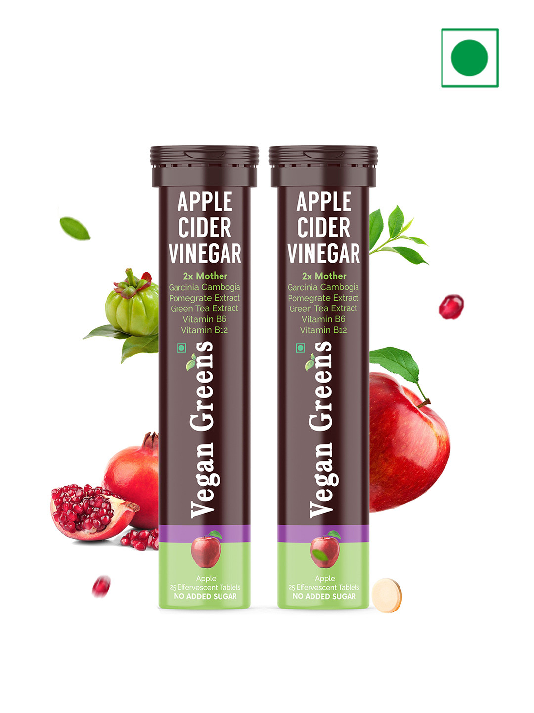 Vegan Greens Set Of 2 Apple Cider Vinegar 2x Mother Garcinina Tablets - 25 Tablets Each