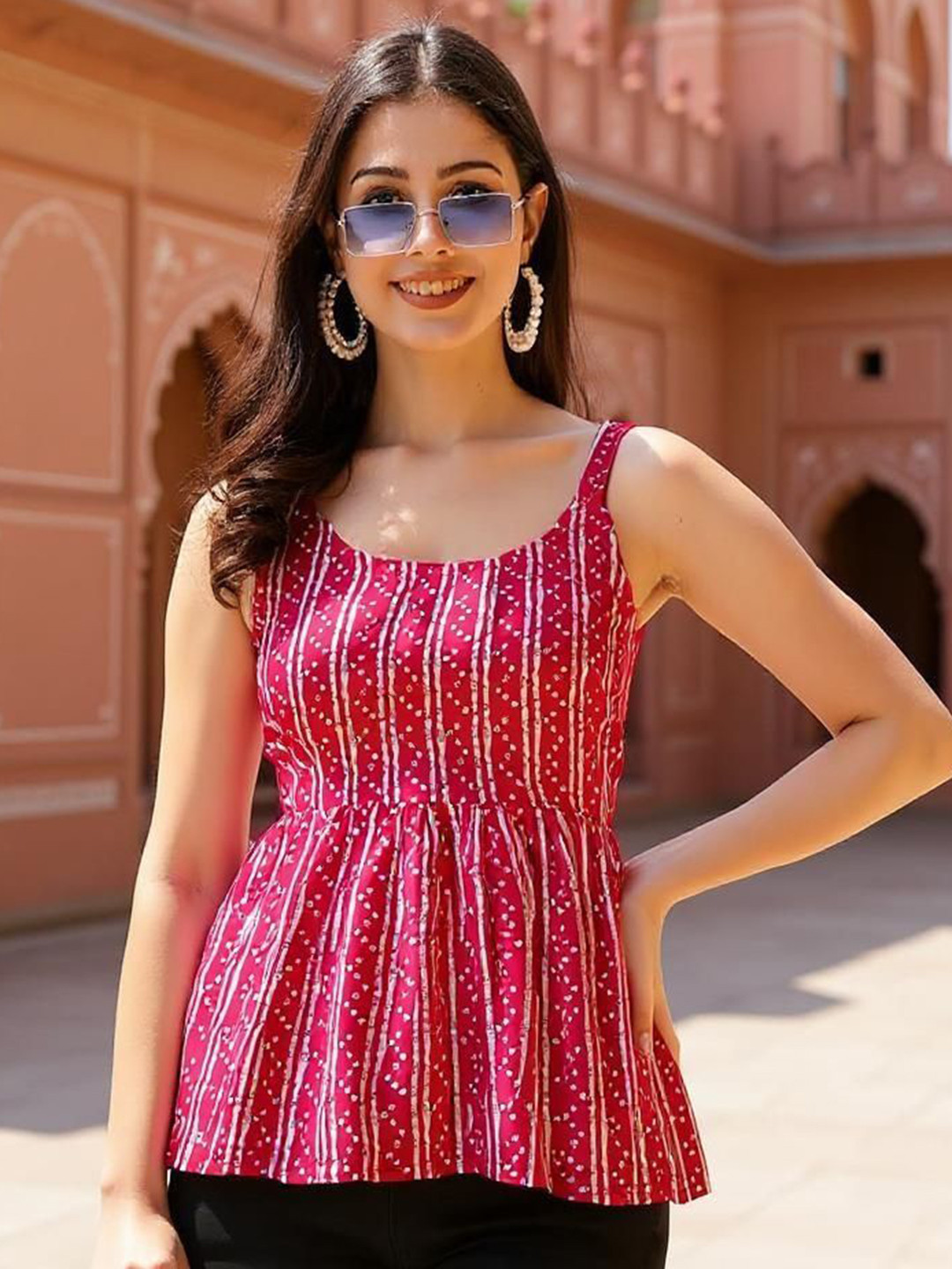 Istyle Can Bandhani Stripe Printed Scoop Neck Strappy Sleeveless Cotton Peplum Top