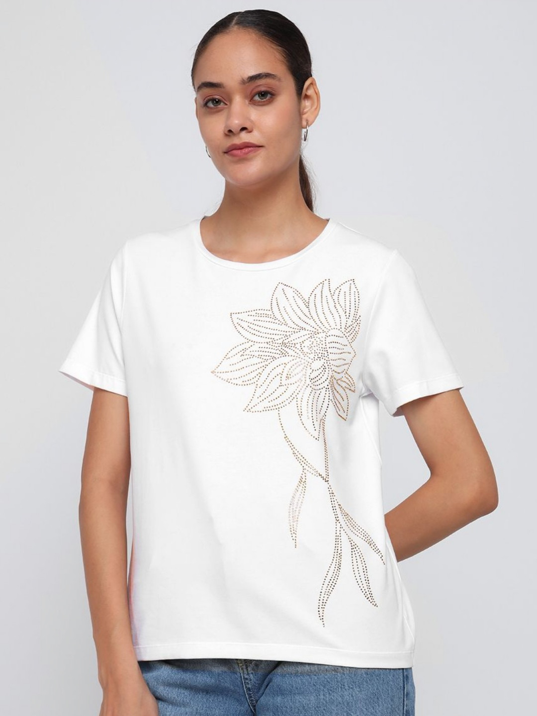 COVER STORY Women Self Design Round Neck Cotton T-shirt