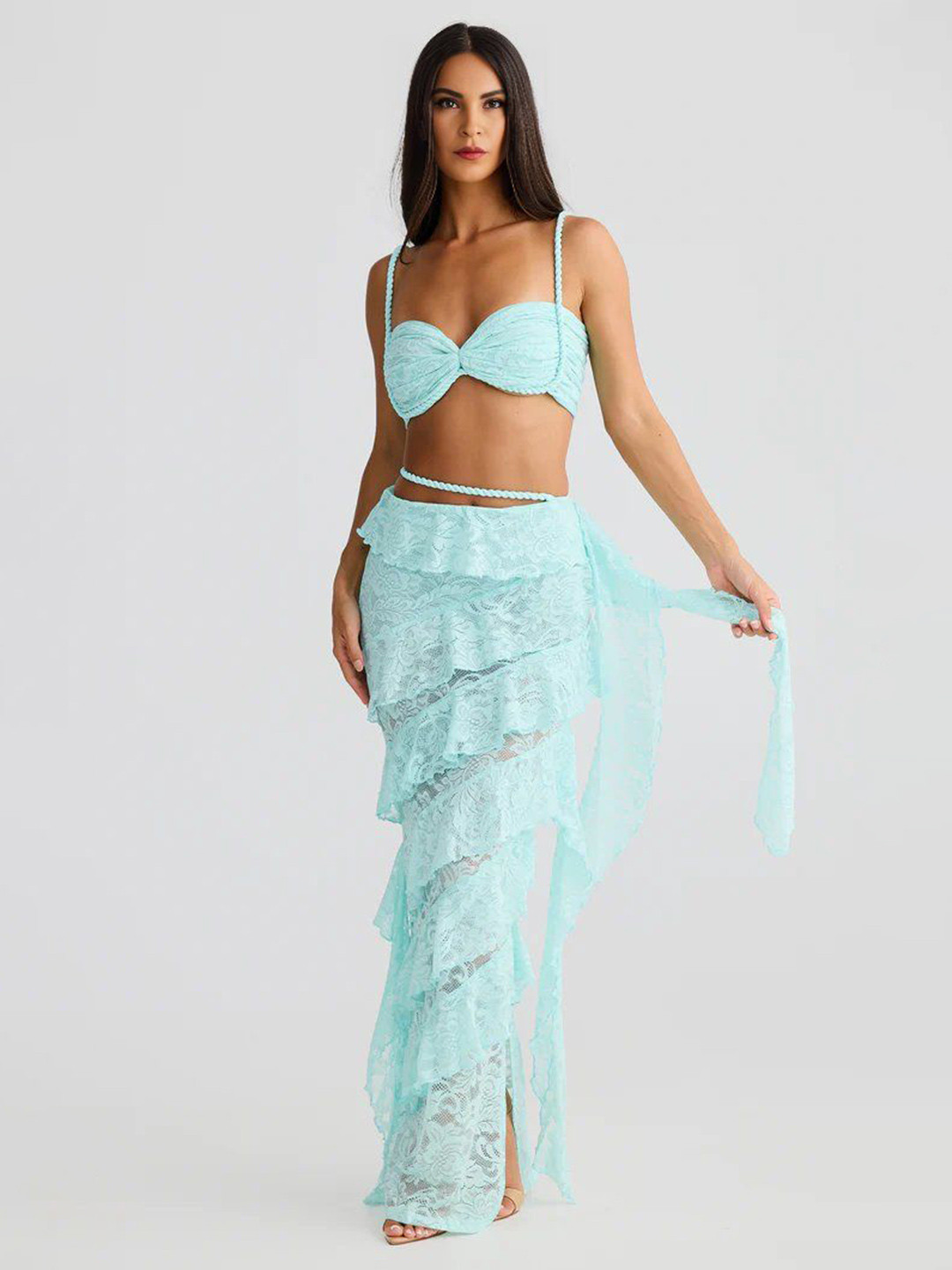 Bee Boe Women Self Design Semi-Sheer Tiered Lace Siren Skirt