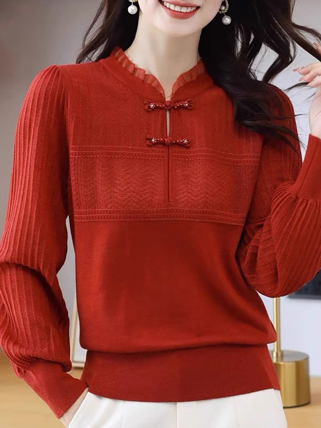 HERE&NOW Women Textured Ribbed Bow Mandarin Collar Long Sleeve Cotton Top