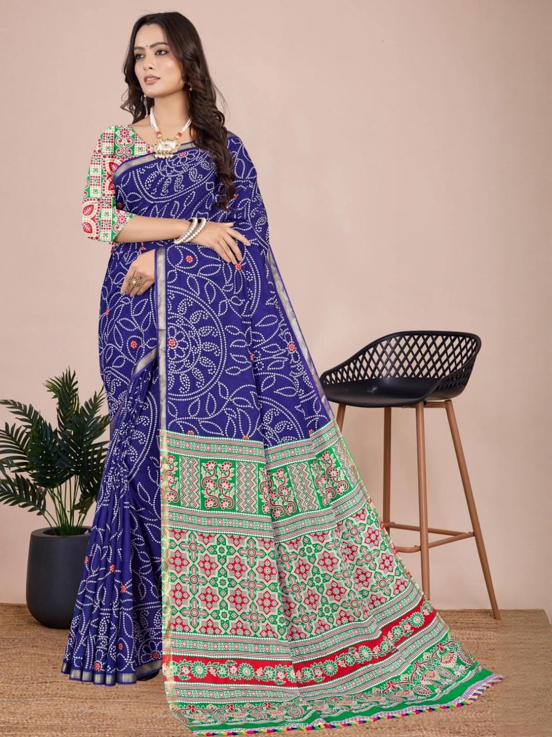 HERE&NOW Ajarakh Printed Bandhani Saree