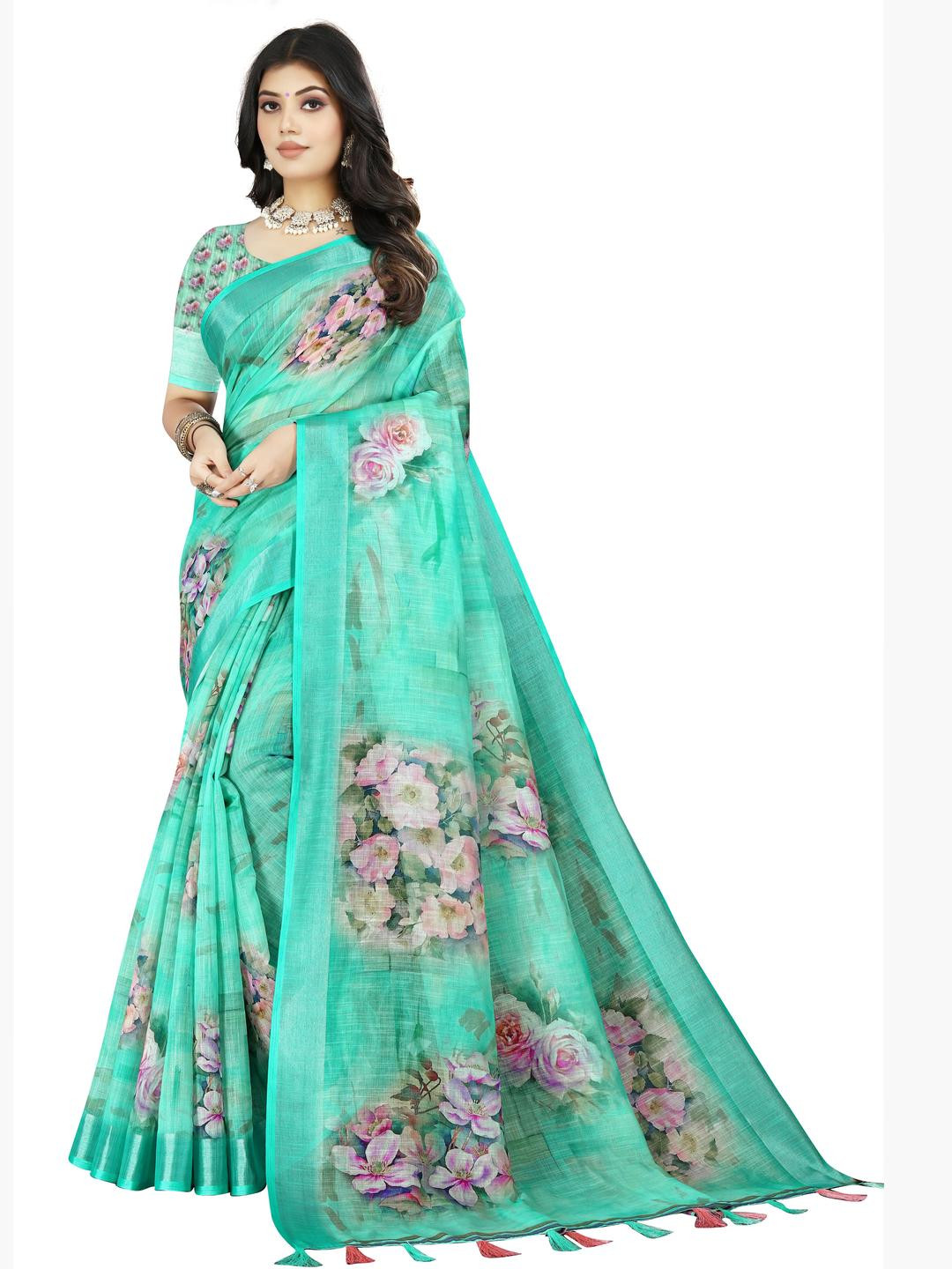 SSHAGUN LIFESTYLE Light Green Embellished Printed Floral Print Cotton Linen Saree
