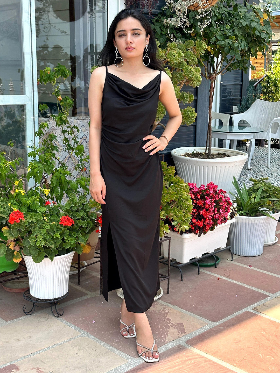 TANDUL Black Cowl Neck Maxi Midi Dress