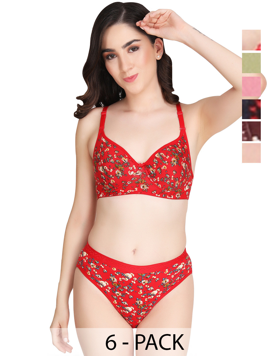 Liigne Pack Of 6 Floral Printed Everyday Padded Bra Pure Cotton Lingerie Sets