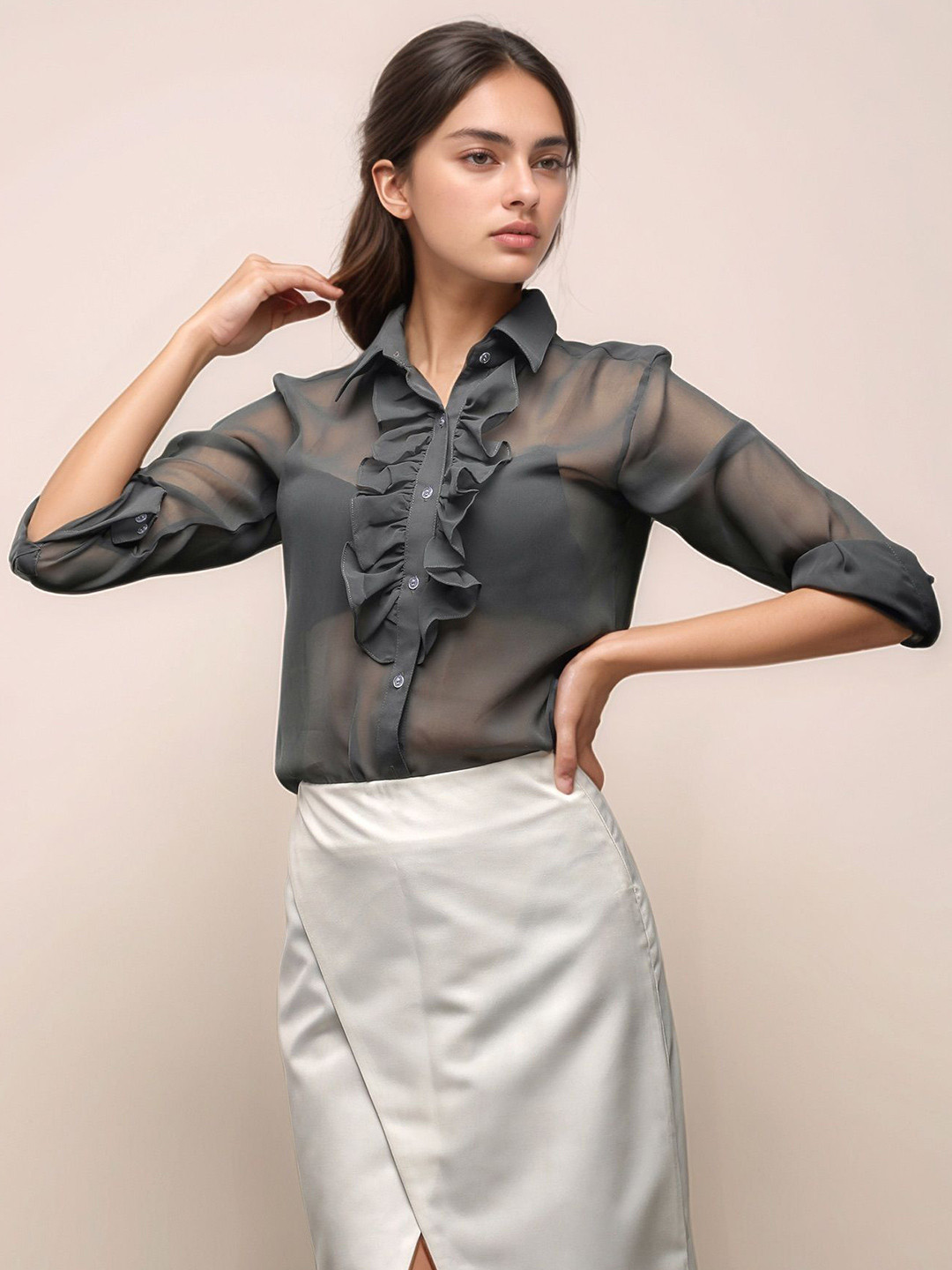 Dheeraj Sharma Women Solid Spread Collar Formal Shirt