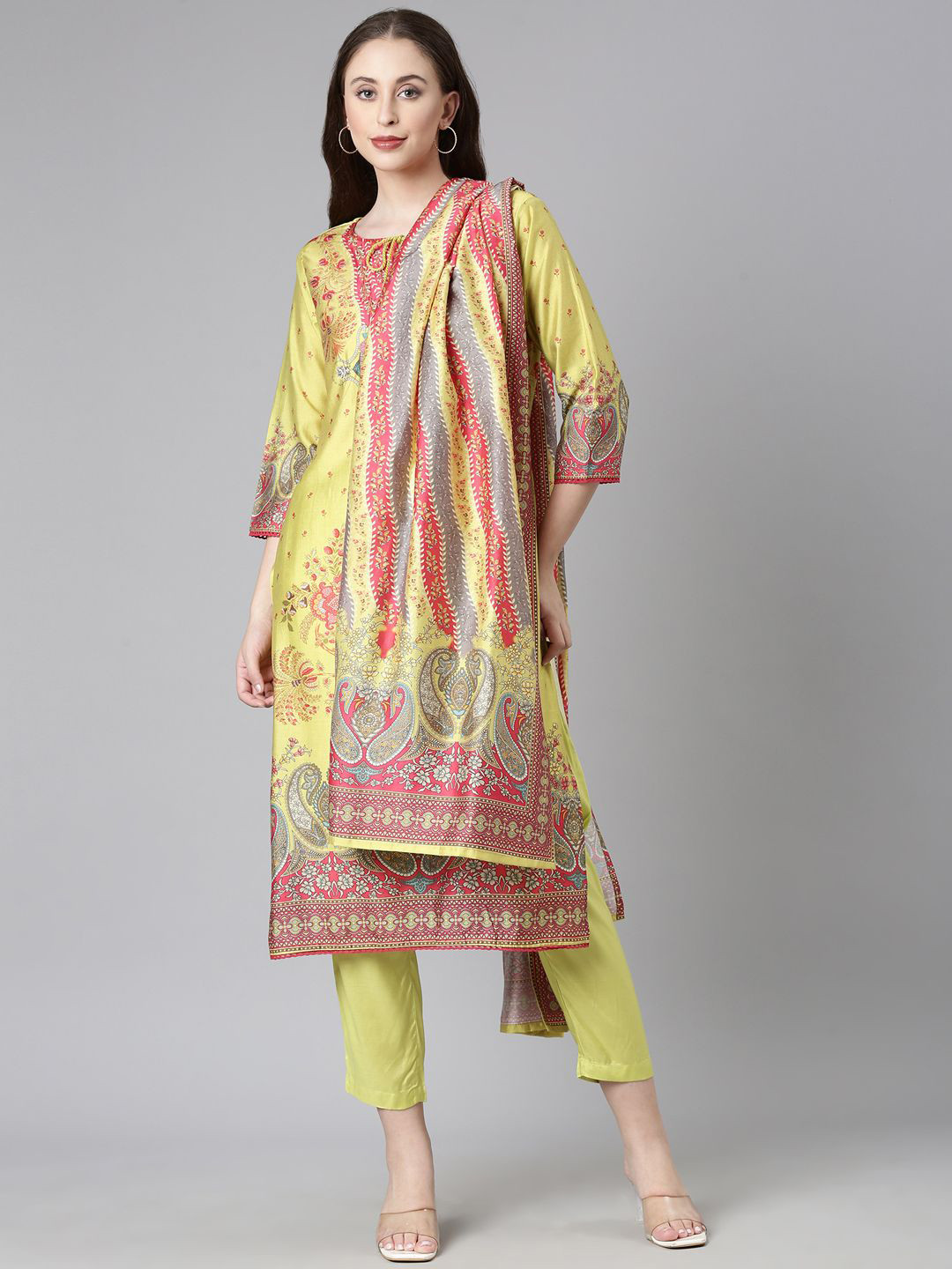 Neerus Paisley Printed Tie-Up Neck Beads & Stones Straight Kurta With Trousers And Dupatta