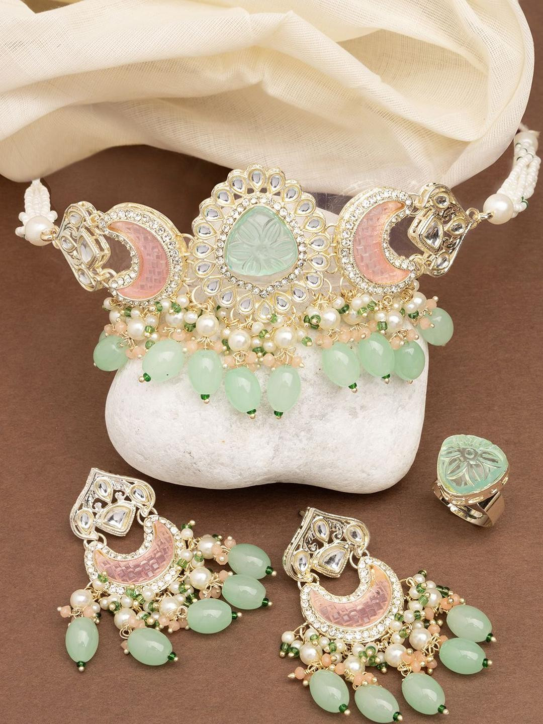Sukkhi Gold Plated Kundan Studded & Beaded Choker Necklace With Earrings And Ring