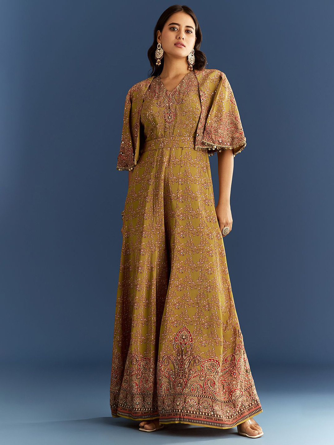 KALKI Fashion Women Printed Embroidered Jumpsuit With Cape & Belt